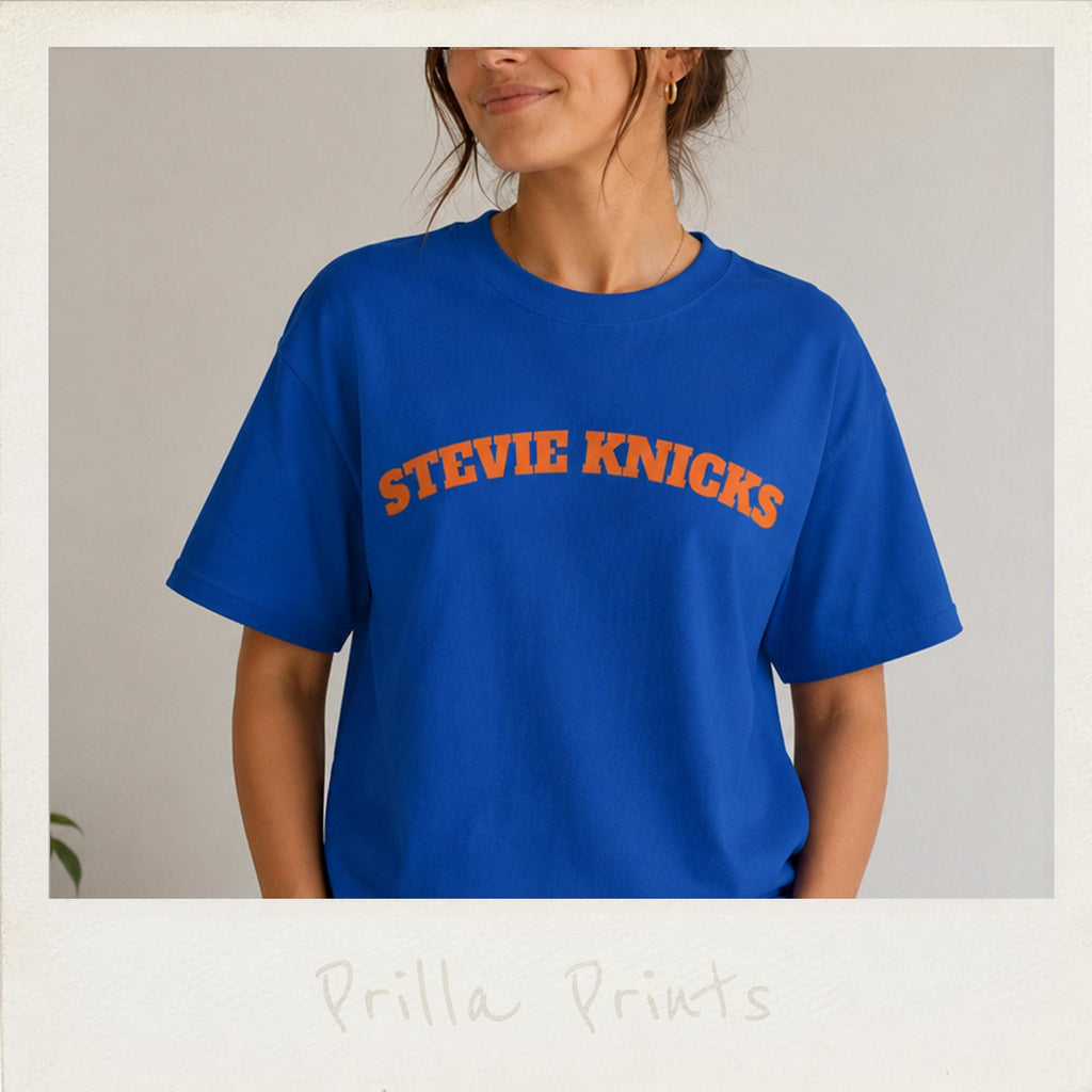 Stevie Knicks Oversized Fit Retro Arch Lettering Basketball Name Tee Celebrity Inspired Nba