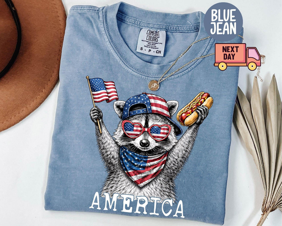 Comfort Colors America Raccoon Dog 4th July Raccoon Patriotic American Flag Tee Retro Usa Animal