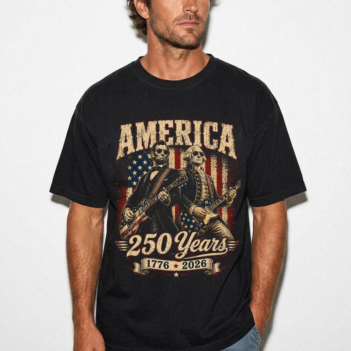 George Washington Lincoln Playing Guitar Abe Lincoln 250th Comfort Colors Patriotic 4th July Tee American Flag Rock