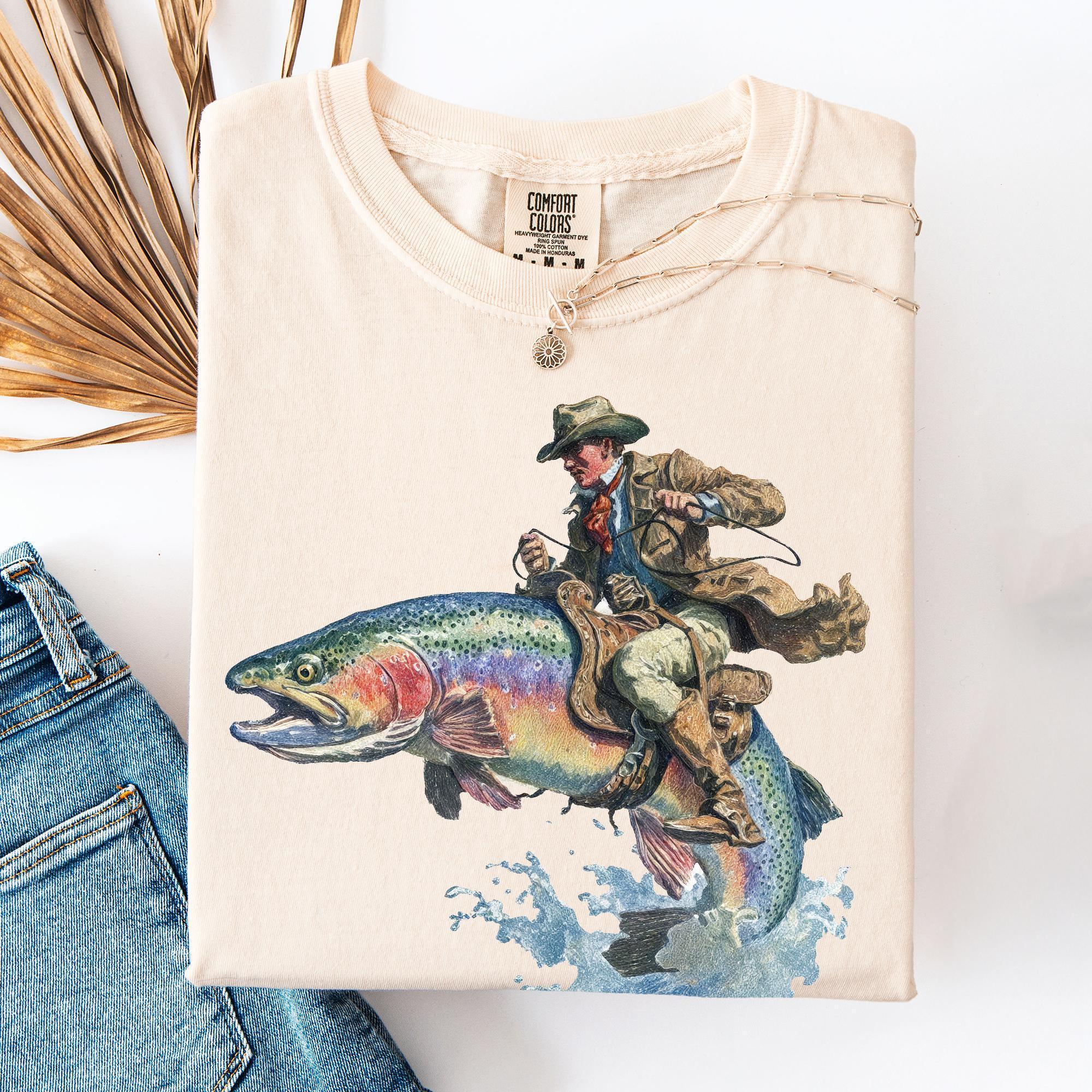 Cowboy Riding Rainbow Trout Genuine Comfort Colors Cowboy Fishing Club Rodeo