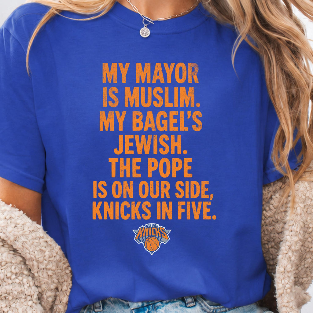 Mayor Muslim Bagels Jewish Pope Side Knicks Five Gildan Tee Knicks Nba Champions 2026 York City Parade