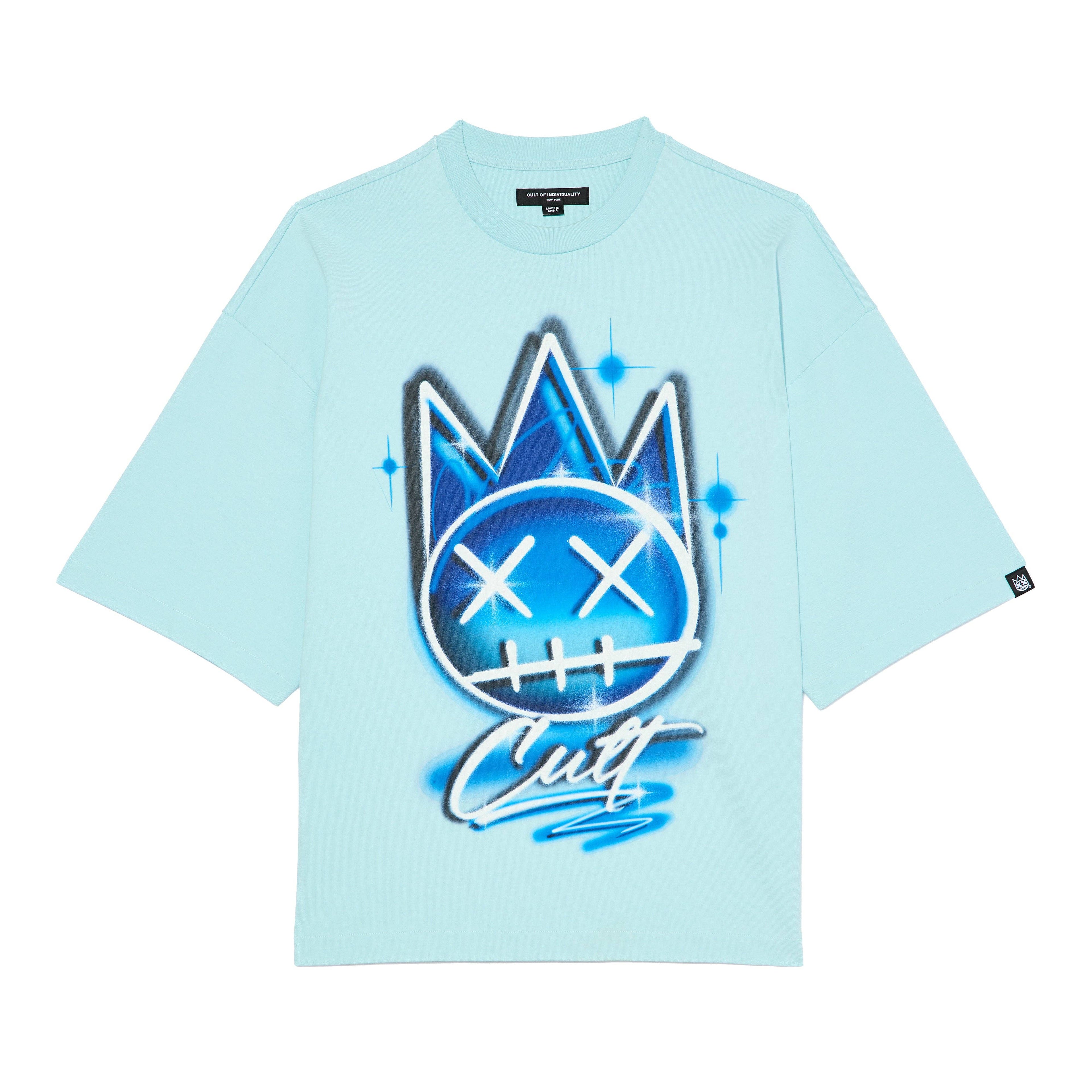Cult's Oversized Short Sleeve Crew Neck Tee "Airbrush" in Blue Glow Unisex , , , Long Sleeve Tee