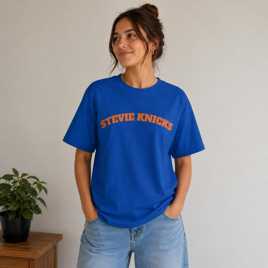 Stevie Knicks Oversized Fit Retro Arch Lettering Basketball Name Tee Celebrity Inspired Nba