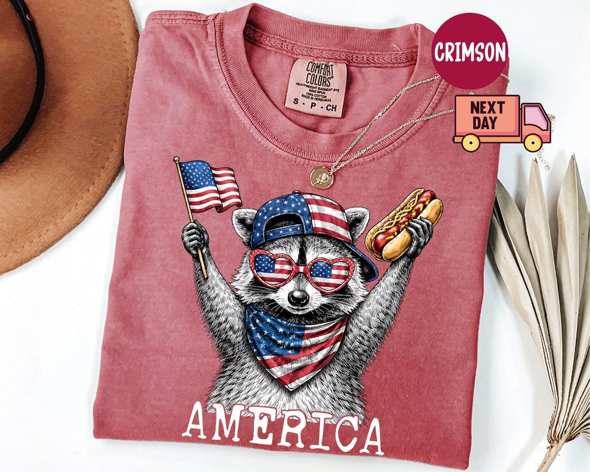 Comfort Colors America Raccoon Dog 4th July Raccoon Patriotic American Flag Tee Retro Usa Animal