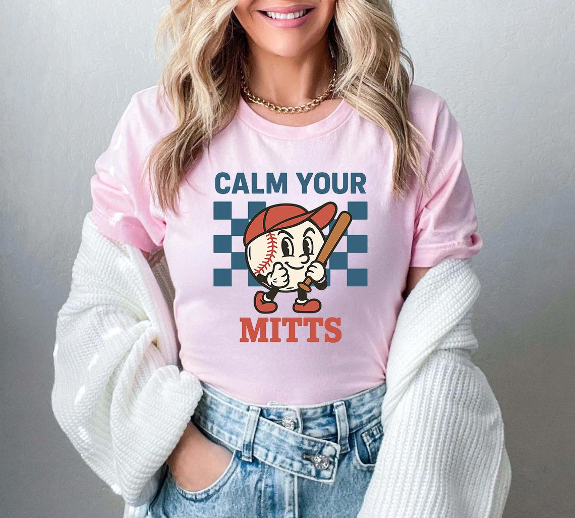 Baseball Calm Mitts Vintage Cartoon Retro Baseball Humor Tee Baseball Lovers Coach Player Tee