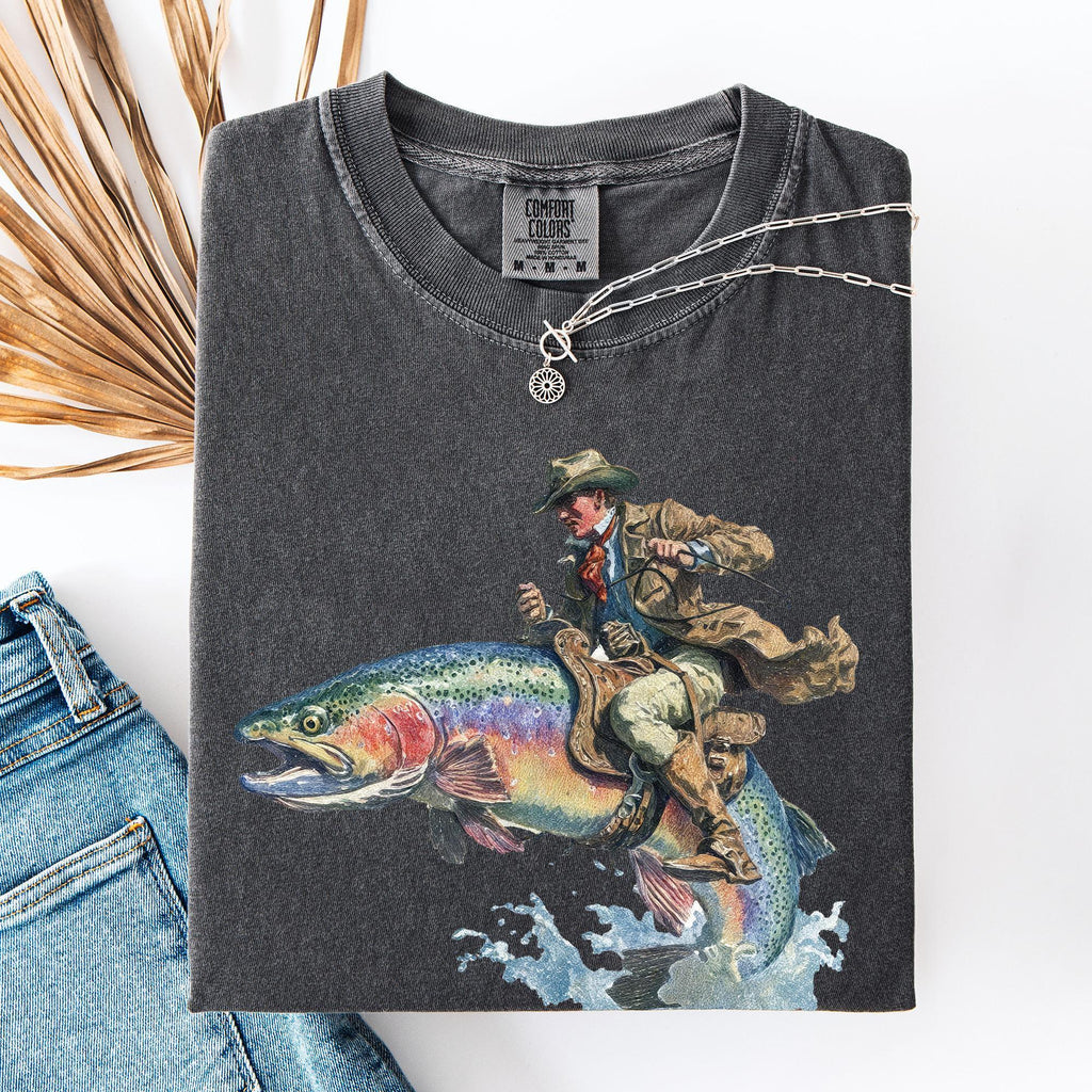 Cowboy Riding Rainbow Trout Genuine Comfort Colors Cowboy Fishing Club Rodeo
