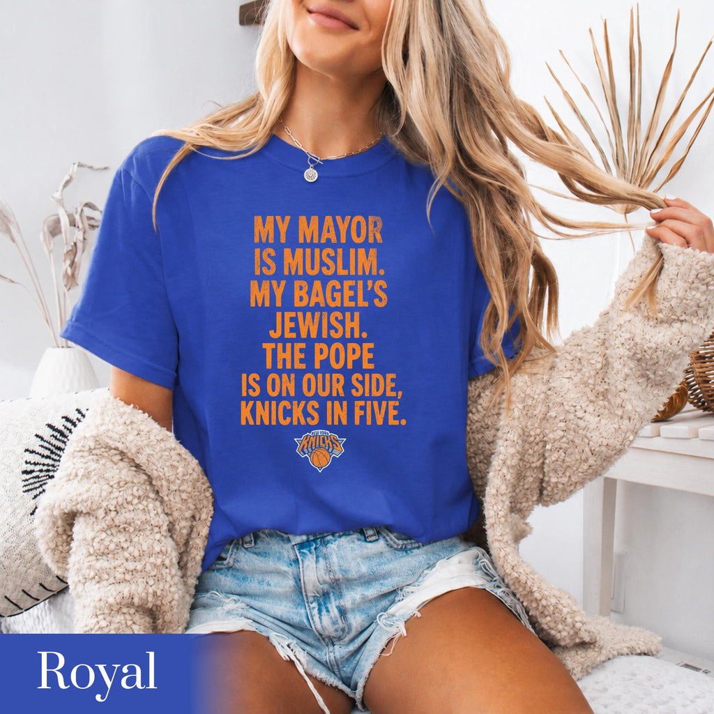 Mayor Muslim Bagels Jewish Pope Side Knicks Five Gildan Tee Knicks Nba Champions 2026 York City Parade