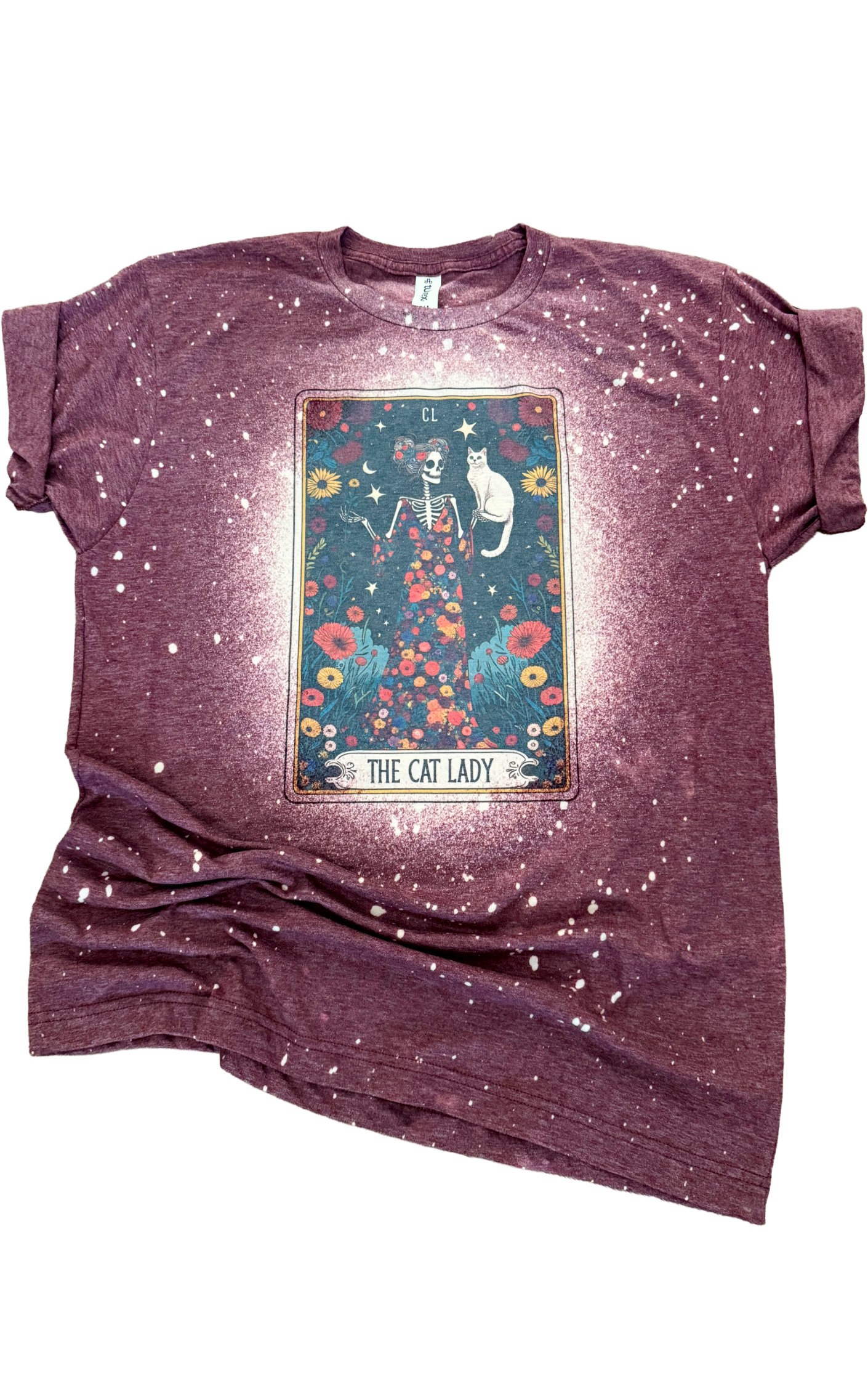 The Cat Lady – Skeleton Tarot Card Bleached Tee Unisex , , , Long Sleeve Tee