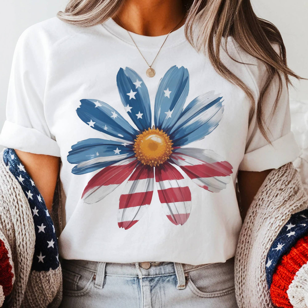 USA Daisy American Flag Patriotic Flower Market Graphic Tee Unisex , , , Long Sleeve Tee