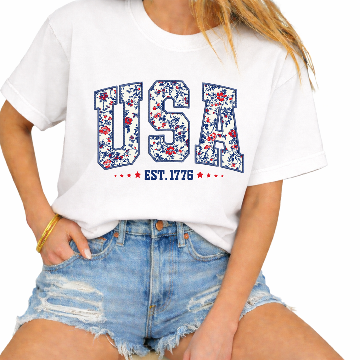 Floral USA 4th of July Patriotic Design Graphic Tee Unisex , , , Long Sleeve Tee