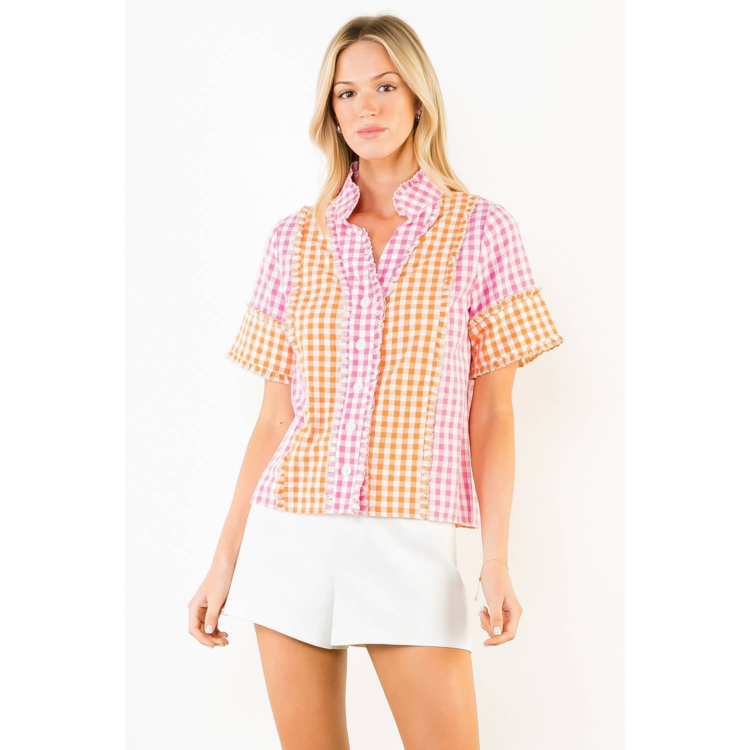 Short Sleeve Mutli Color Gingham Pattern Top Unisex , , , Long Sleeve Tee