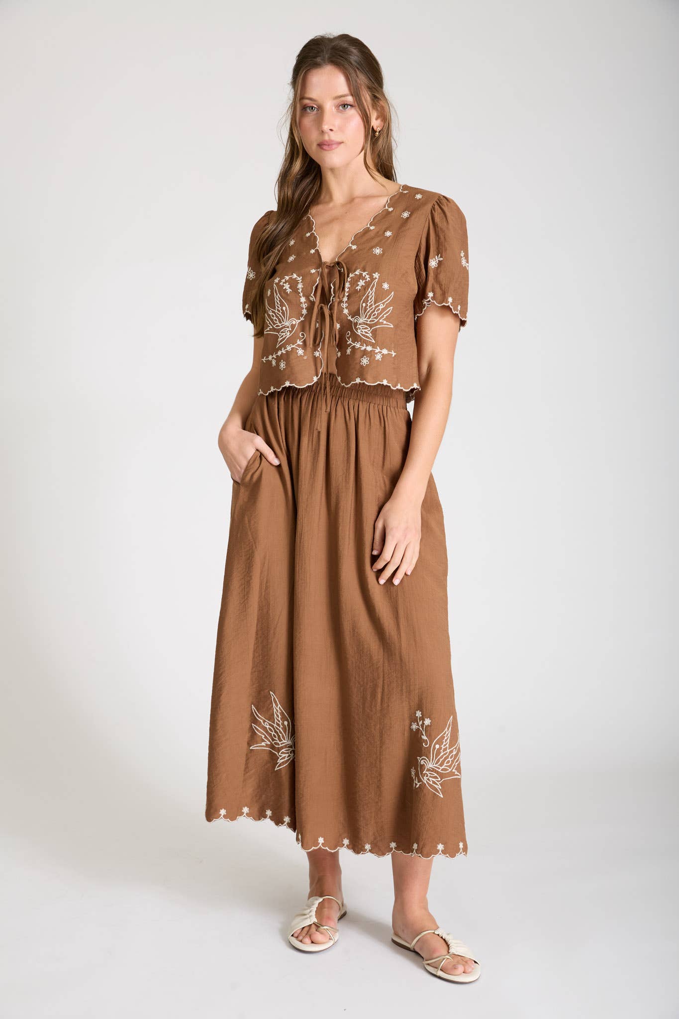 Bird Embroidery Detail Midi Skirt Unisex , , , Long Sleeve Tee