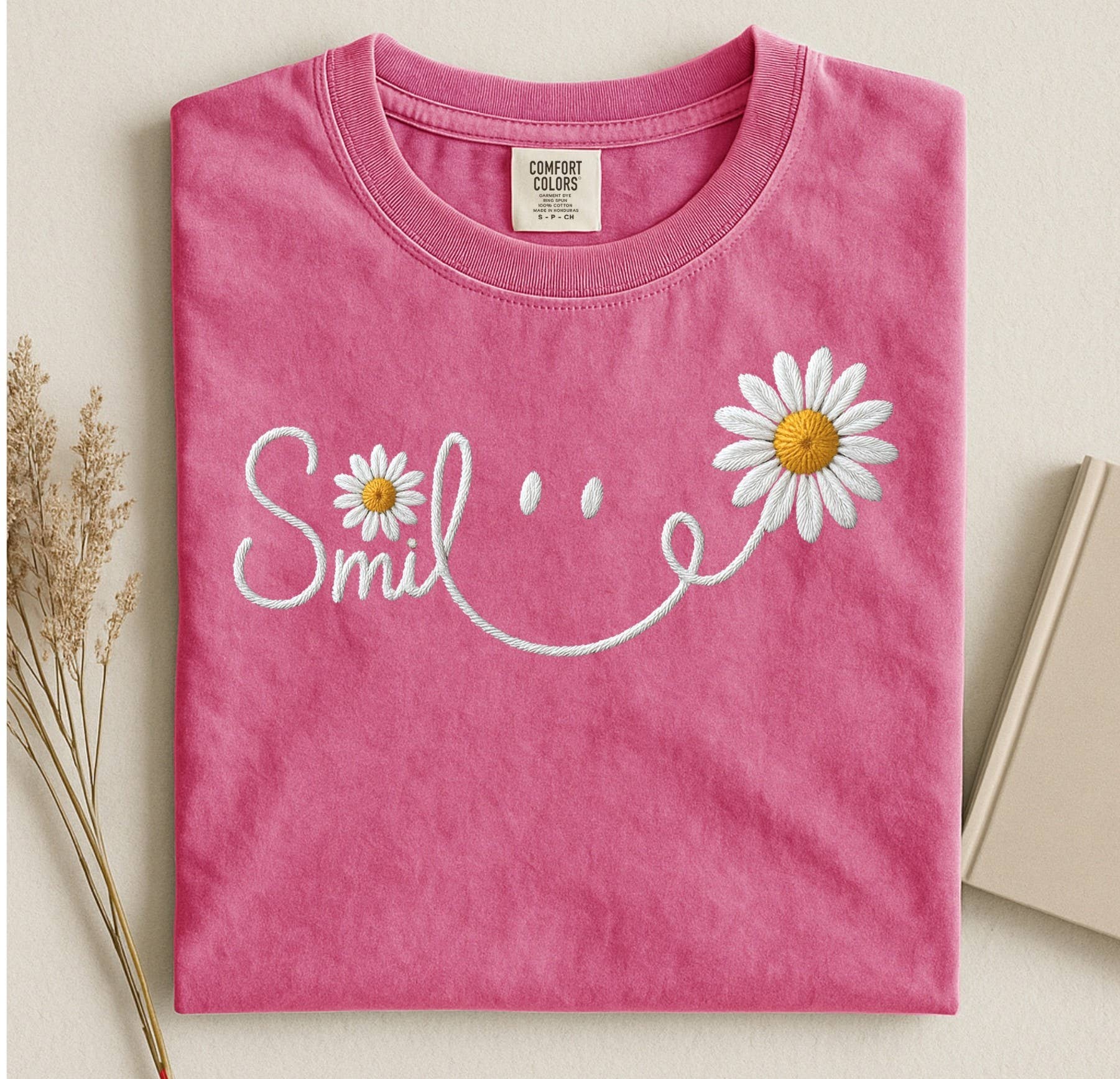 Smile Faux Embroidery Comfort Colors Unisex , , , Long Sleeve Tee