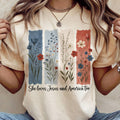 USA She Loves Jesus and America Floral Patriotic Graphic Tee Unisex , , , Long Sleeve Tee