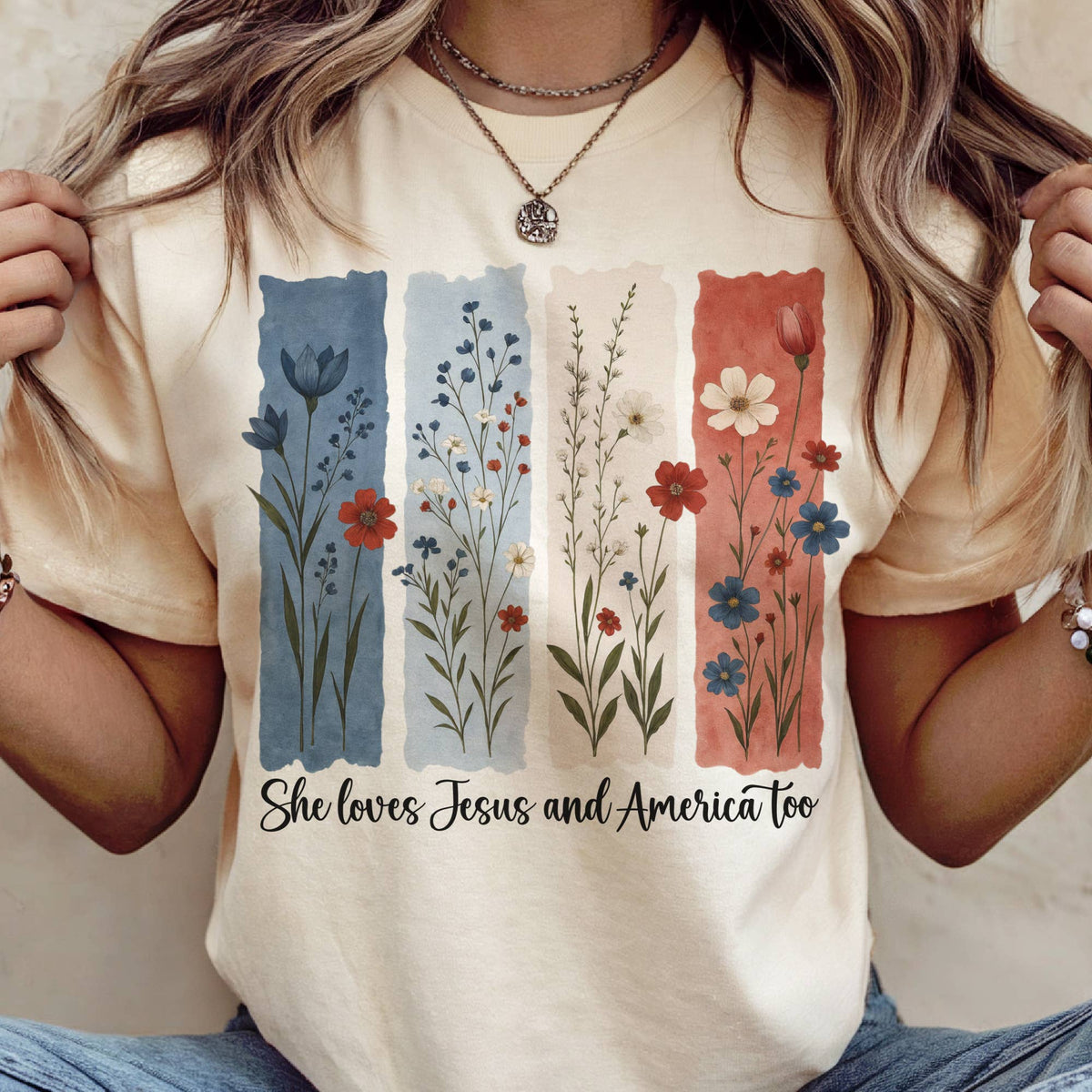 USA She Loves Jesus and America Floral Patriotic Graphic Tee Unisex , , , Long Sleeve Tee