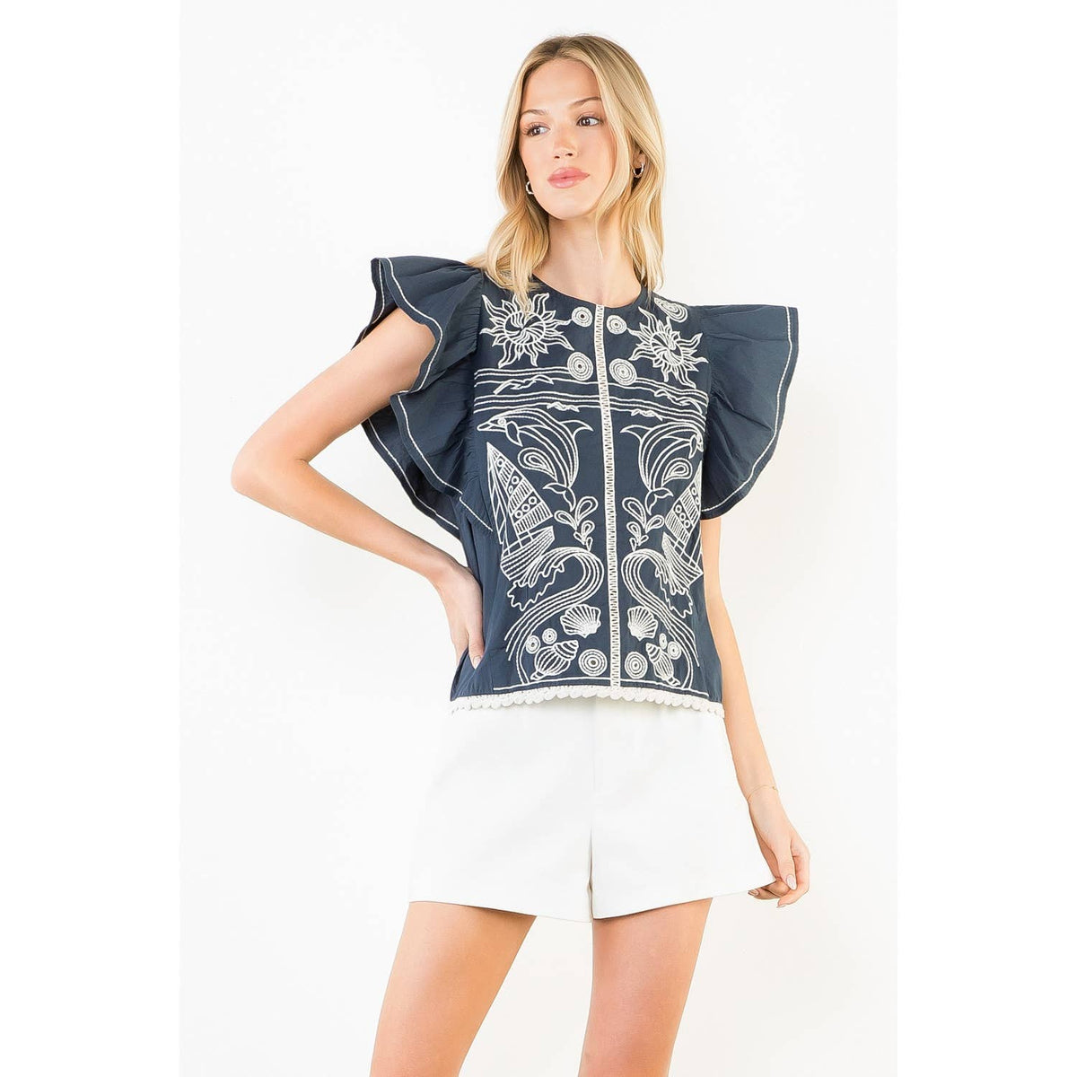 Ruffle Sleeves Embroidery Detail Top Unisex , , , Long Sleeve Tee