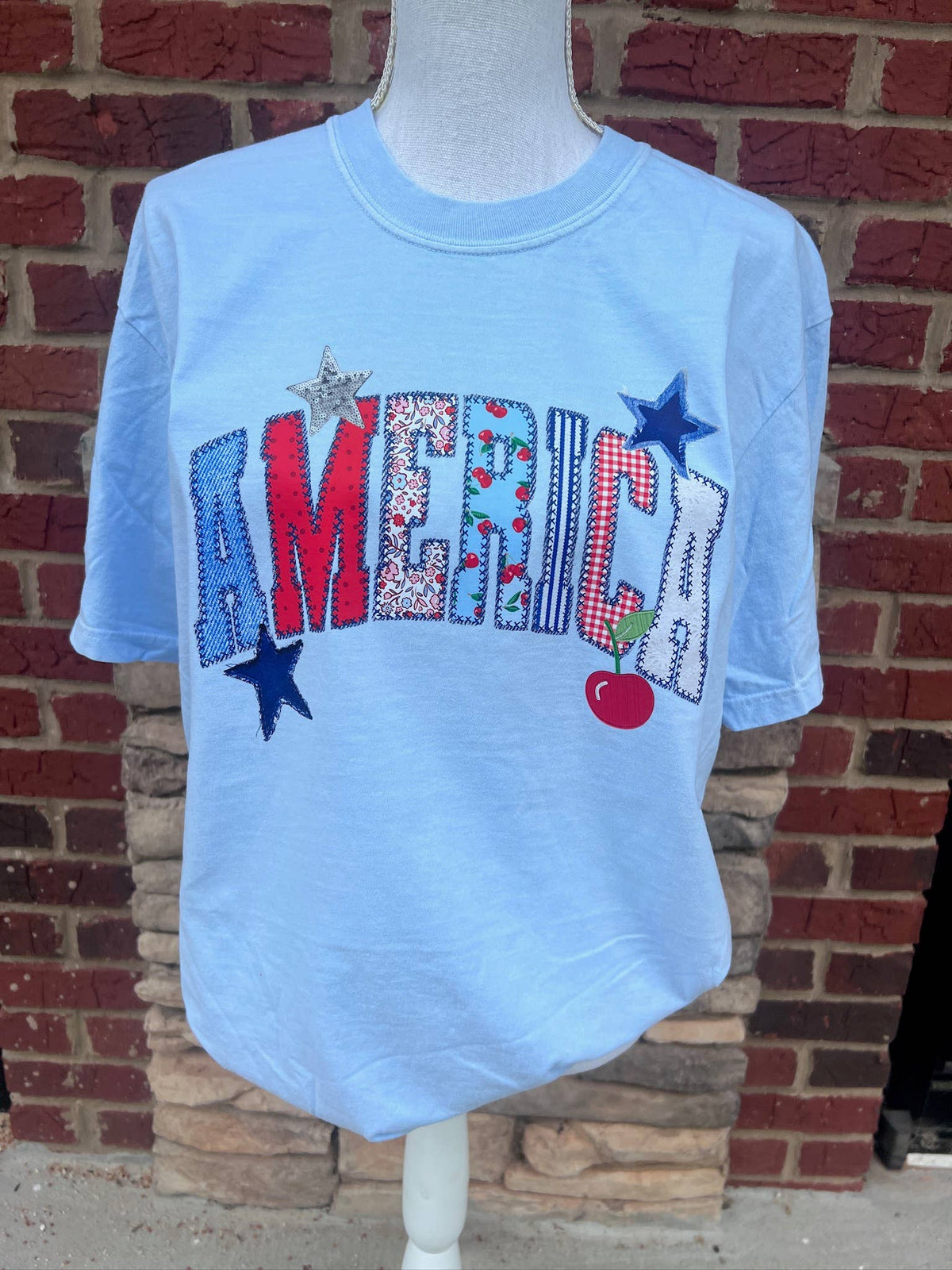 America Patchwork On Comfort Colors Chambray Unisex , , , Long Sleeve Tee