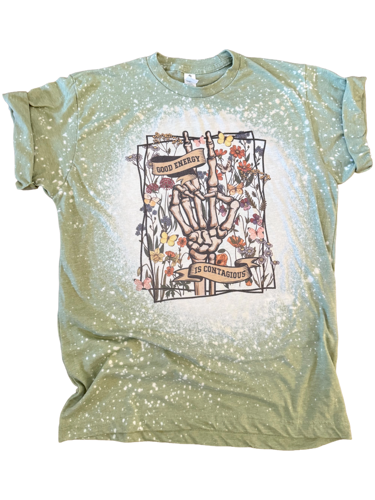 Good Energy Is Contagious Skeleton Floral Bleached Tee Unisex , , , Long Sleeve Tee