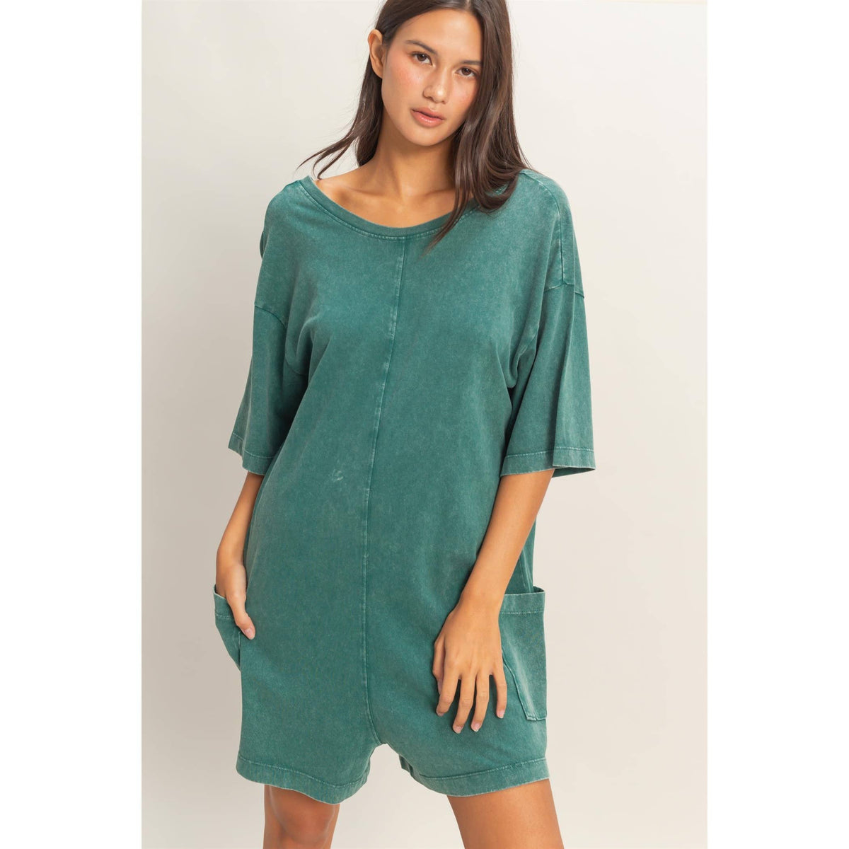 Mineral Washed V-Back Romper Unisex , , , Long Sleeve Tee