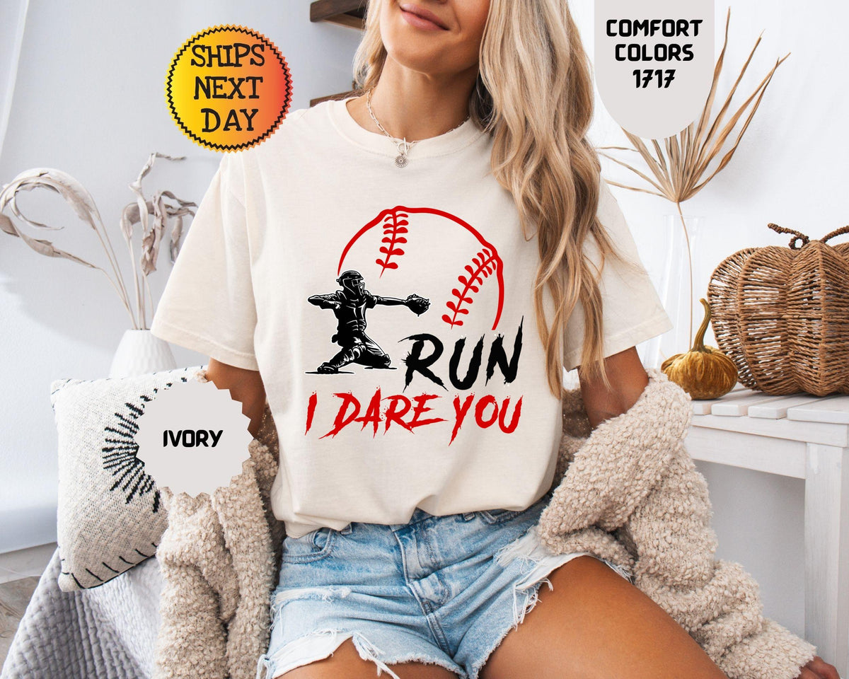 Comfort Colors Run Dare Baseball Catcher Sports Humor Tee