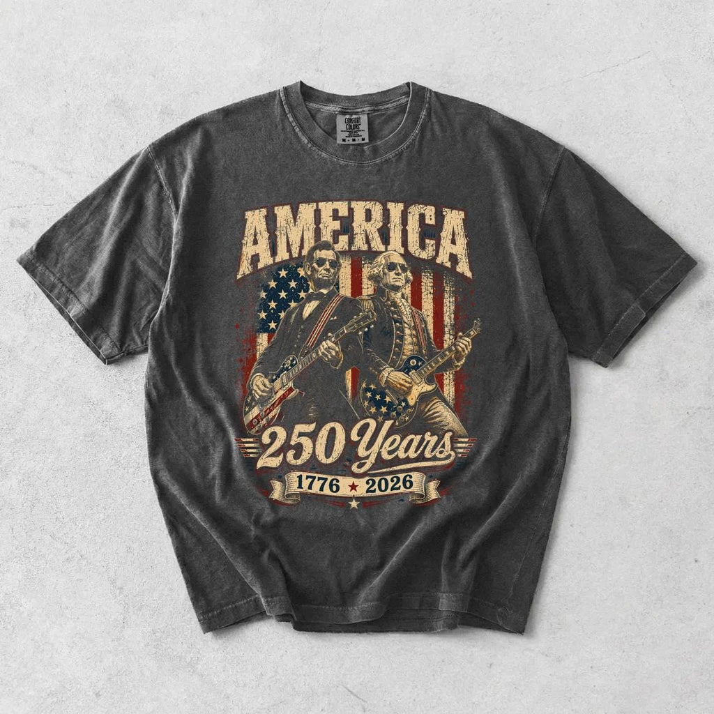 George Washington Lincoln Playing Guitar Abe Lincoln 250th Comfort Colors Patriotic 4th July Tee American Flag Rock