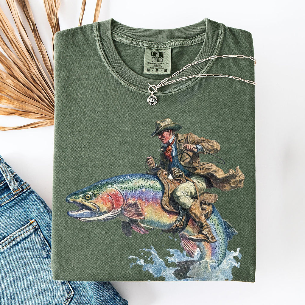 Cowboy Riding Rainbow Trout Genuine Comfort Colors Cowboy Fishing Club Rodeo