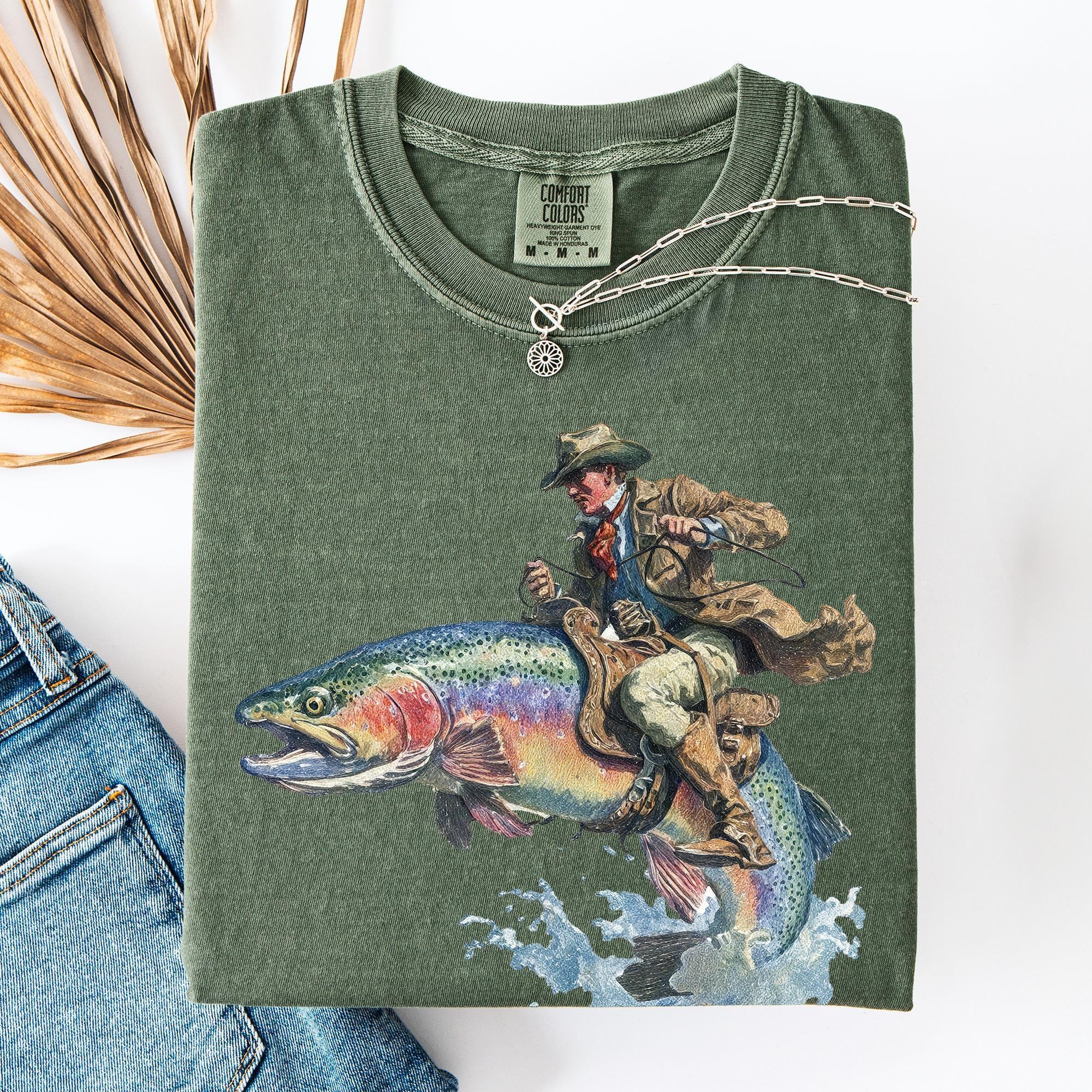 Cowboy Riding Rainbow Trout Genuine Comfort Colors Cowboy Fishing Club Rodeo