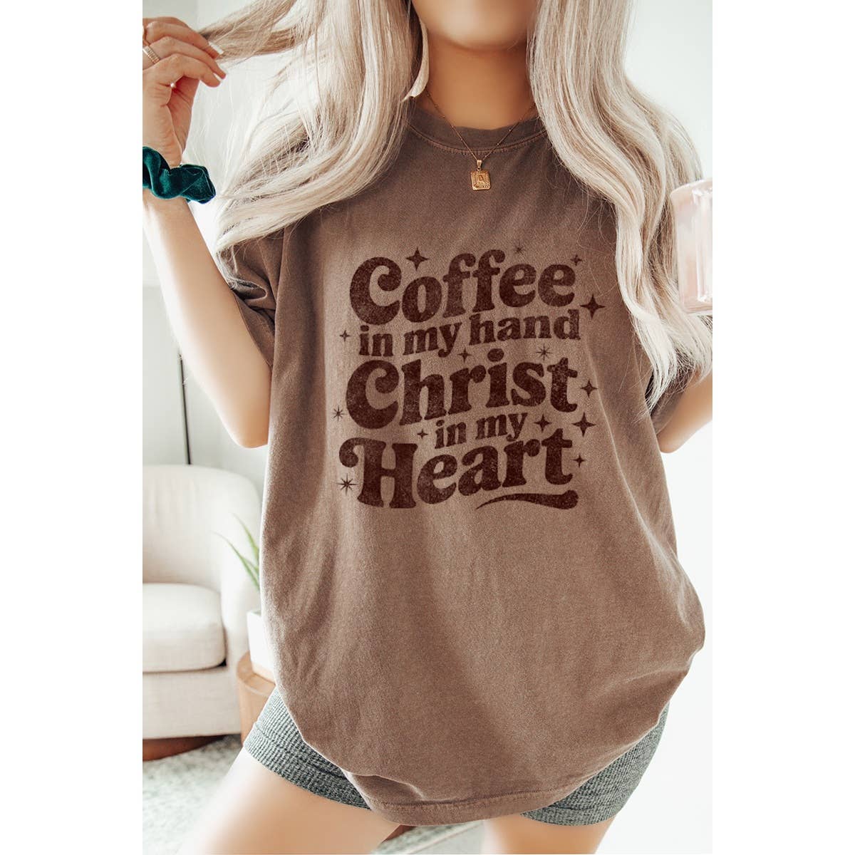 Coffee in My Hand Christ in My Heart Vintage Graphic Oversiz Unisex , , , Long Sleeve Tee