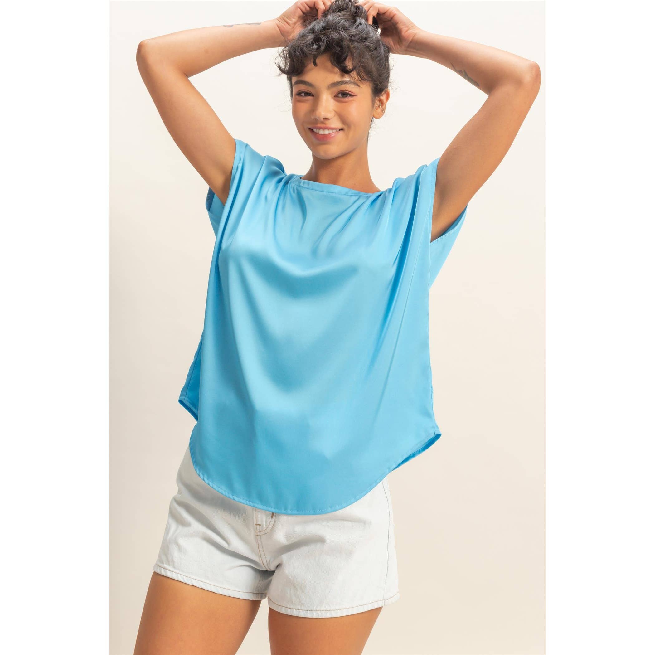 Satin Dolman Sleeve Round Neck Blouse Unisex , , , Long Sleeve Tee