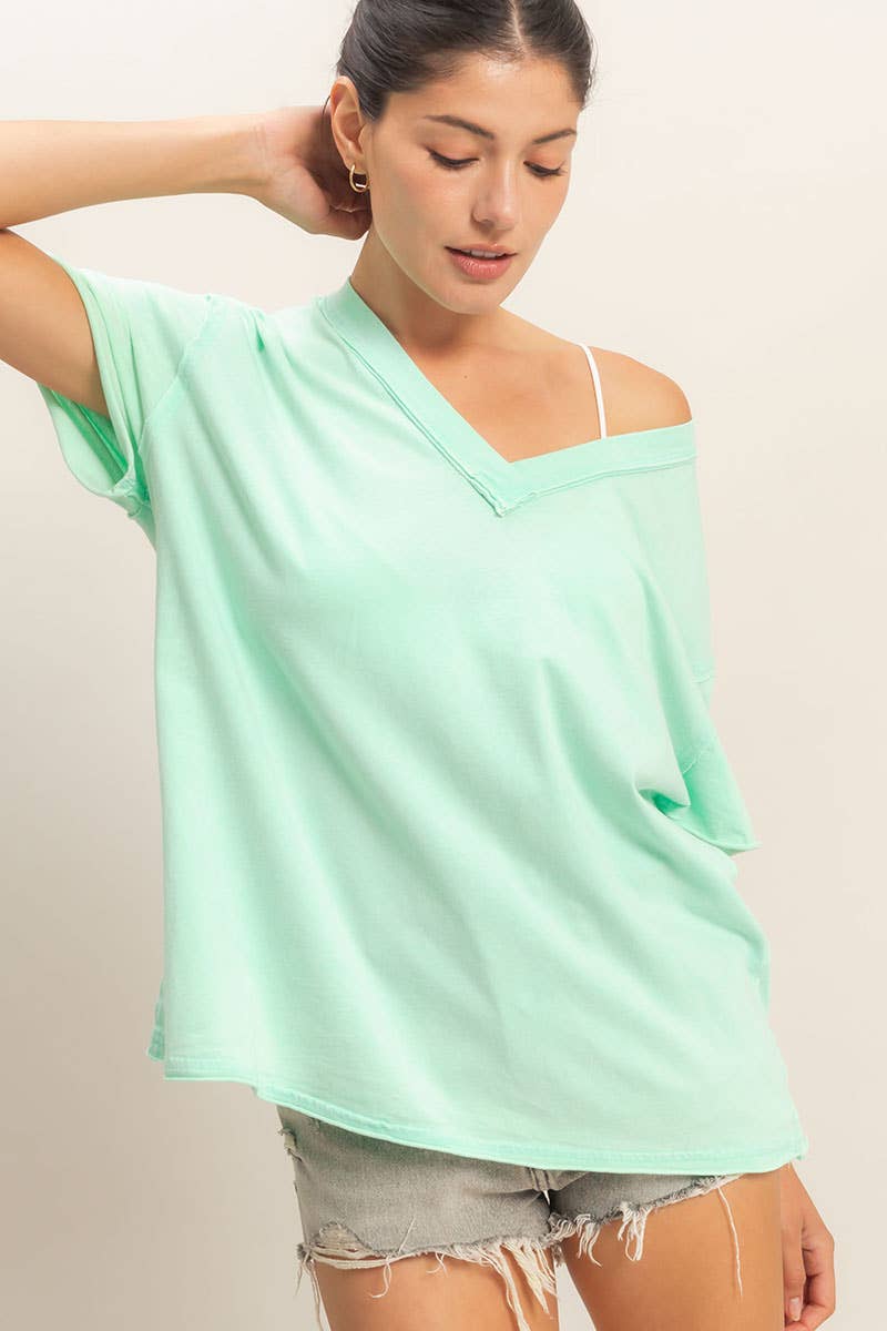 Washed V-Neck Oversized Tee Unisex , , , Long Sleeve Tee