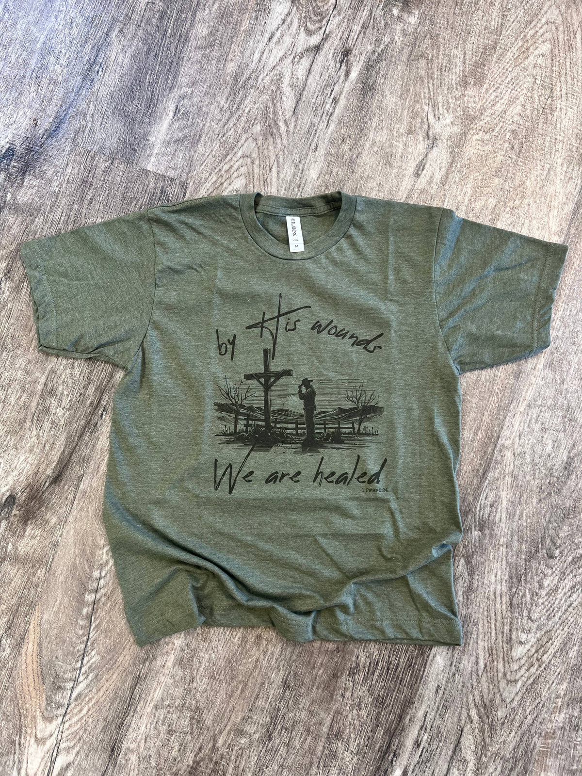 By His Wounds We Are Healed On Tultex Heather Military Green Unisex , , , Long Sleeve Tee