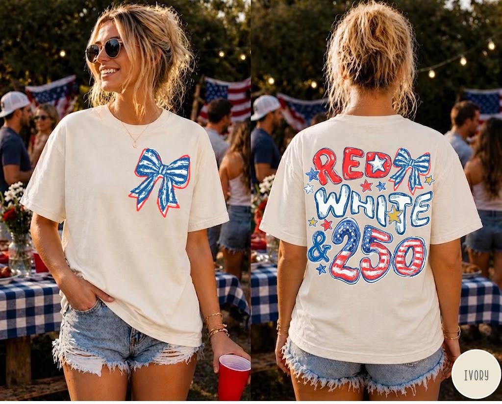 Comfort Colors Red White Blue 250th Anniversary Front Back Side 4th July Preppy Patriotic Tee Flag