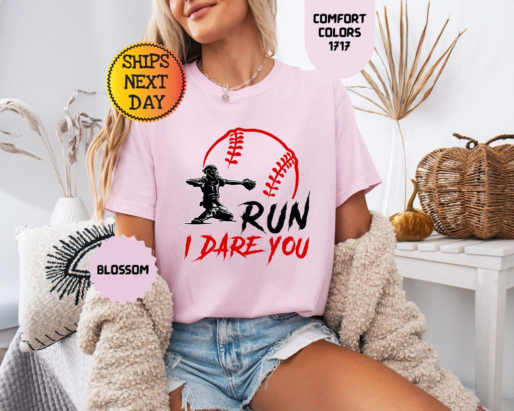 Comfort Colors Run Dare Baseball Catcher Sports Humor Tee