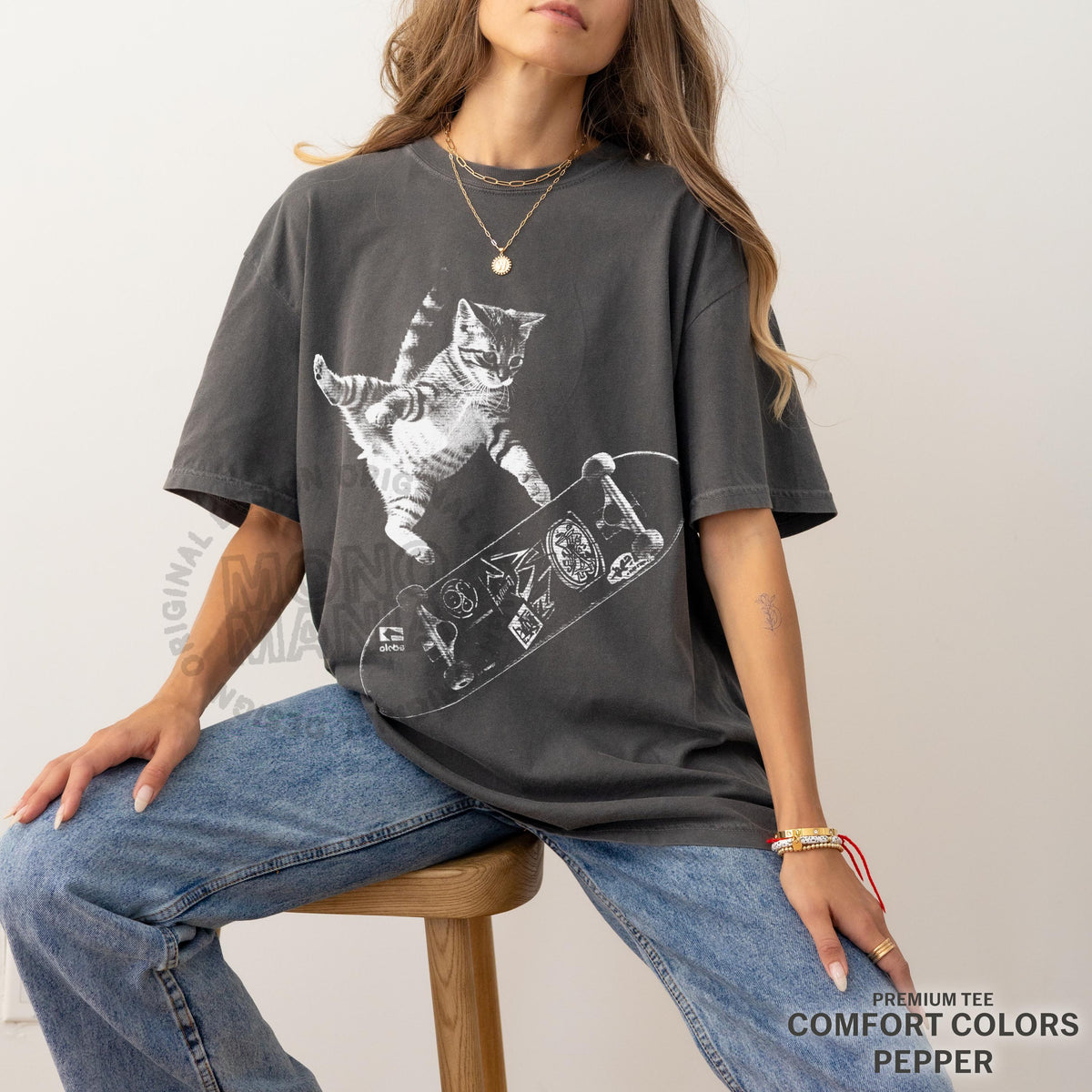 Retro Skateboarding Cat Vintage Kitten Punk Streetwear Tee Y2k Oversized