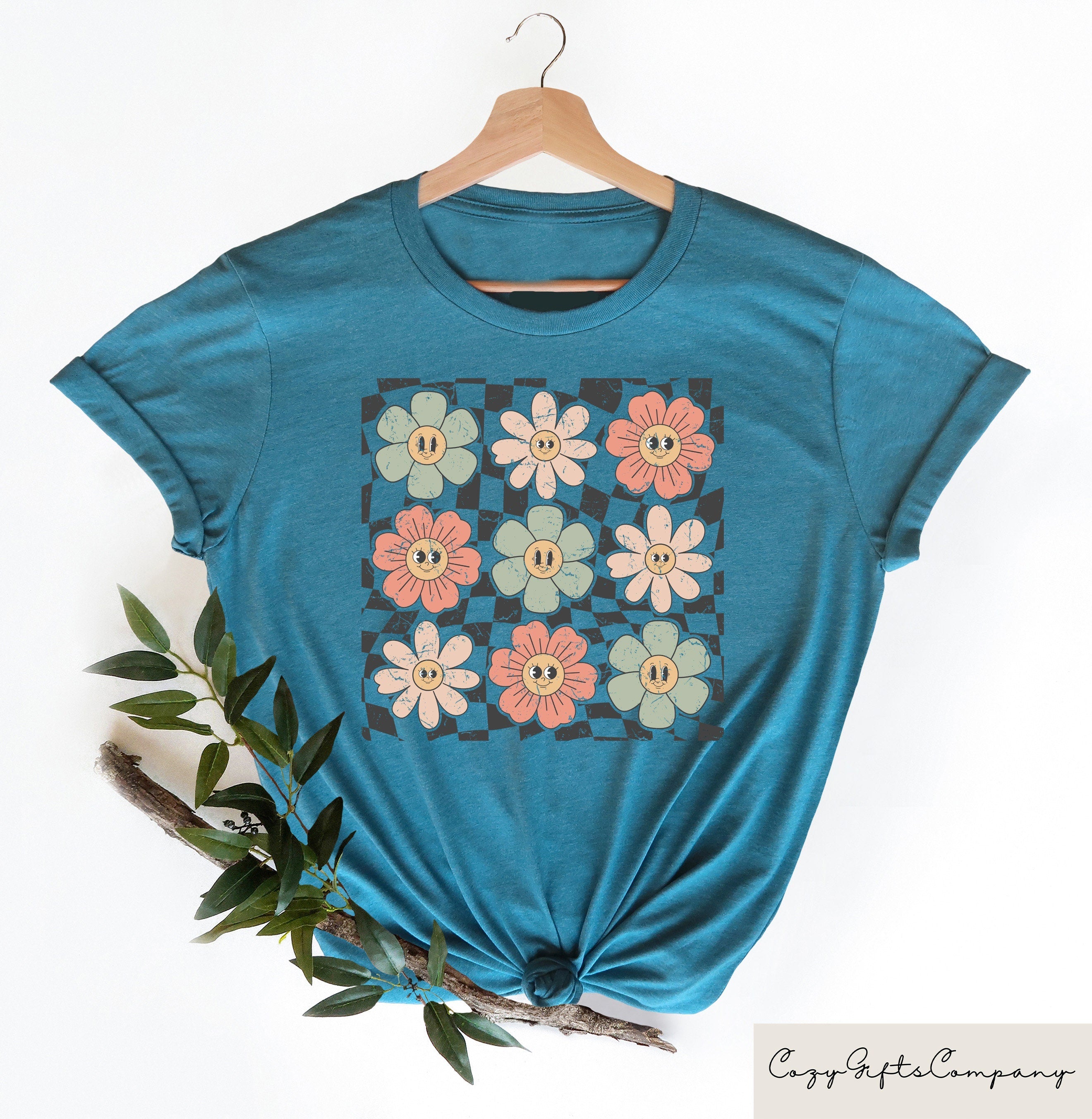 Retro Checkered Flower Retro Flowers Comfort Summer Boho Flower Boho Hippie Tee Summer