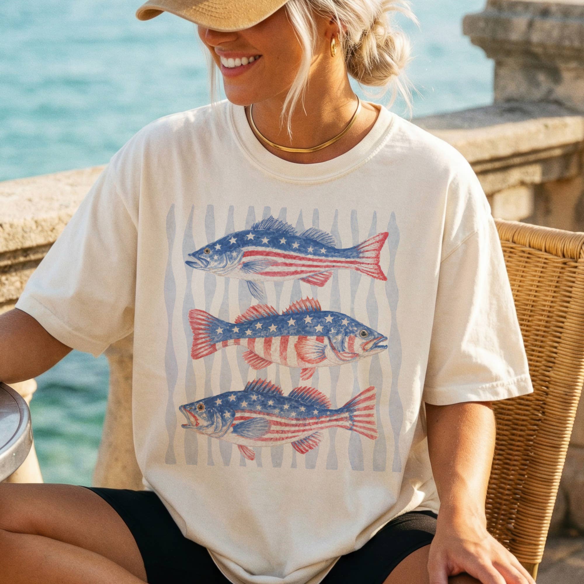 USA Preppy Fish Flag Patriotic Ocean Beach Resort Retro Tee Unisex , , , Long Sleeve Tee