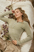 Washed Long Sleeve Ribbed Henley Knit Top Unisex , , , Long Sleeve Tee