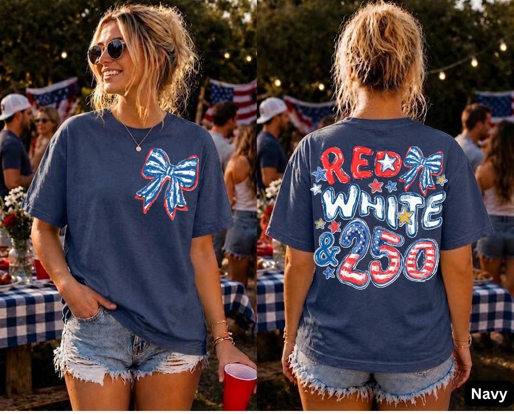 Comfort Colors Red White Blue 250th Anniversary Front Back Side 4th July Preppy Patriotic Tee Flag