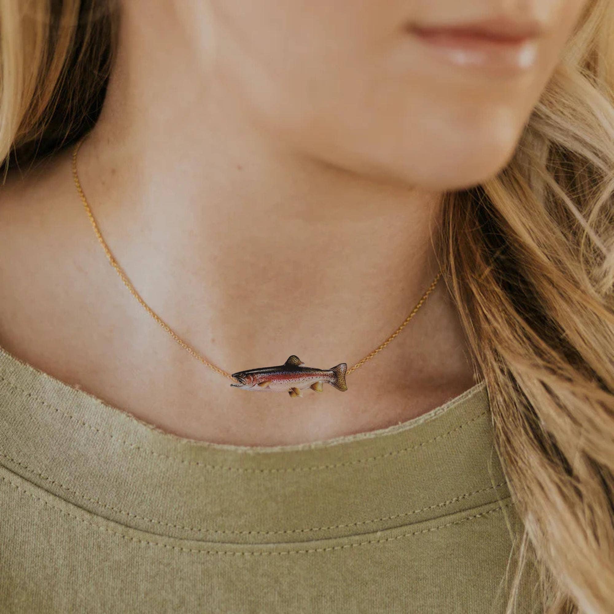 Trout Pendant Necklace, Fishing Jewelry, Durable Plastic Unisex , , , Long Sleeve Tee