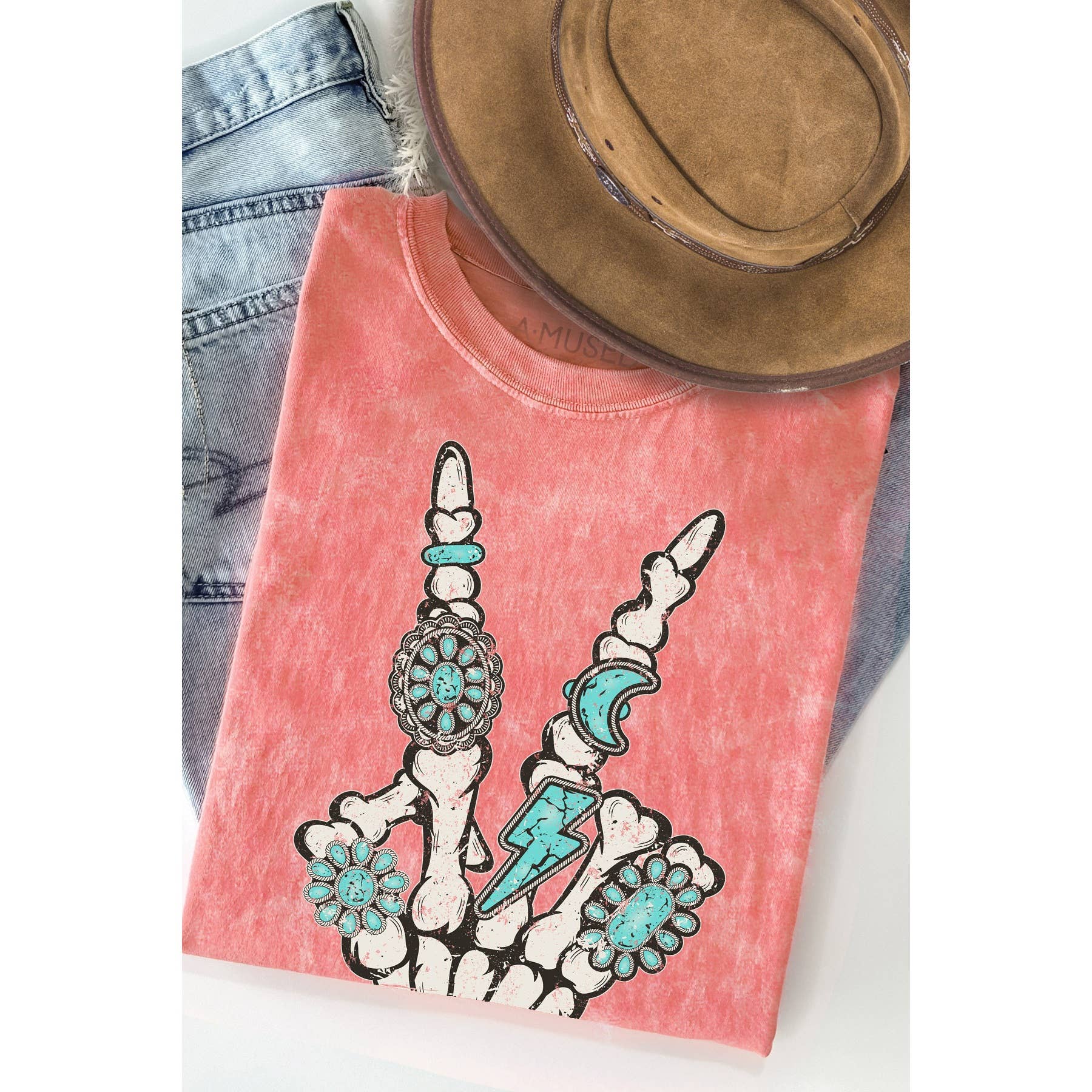 Skeleton Turquoise Peace Graphic - Mineral Wash T Unisex , , , Long Sleeve Tee