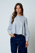 Plaid Pintuck Detail Henley Long Sleeve Top Unisex , , , Long Sleeve Tee