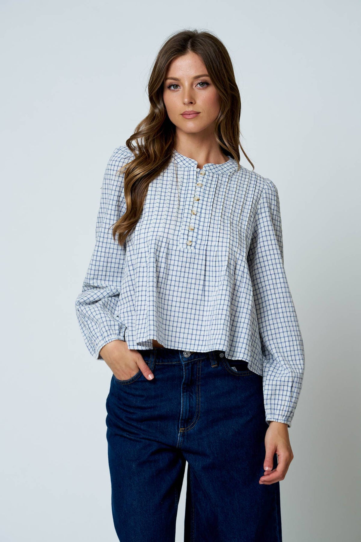 Plaid Pintuck Detail Henley Long Sleeve Top Unisex , , , Long Sleeve Tee