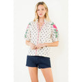 Embroidery Detail Puff Sleeve Polka Dot Top Unisex , , , Long Sleeve Tee