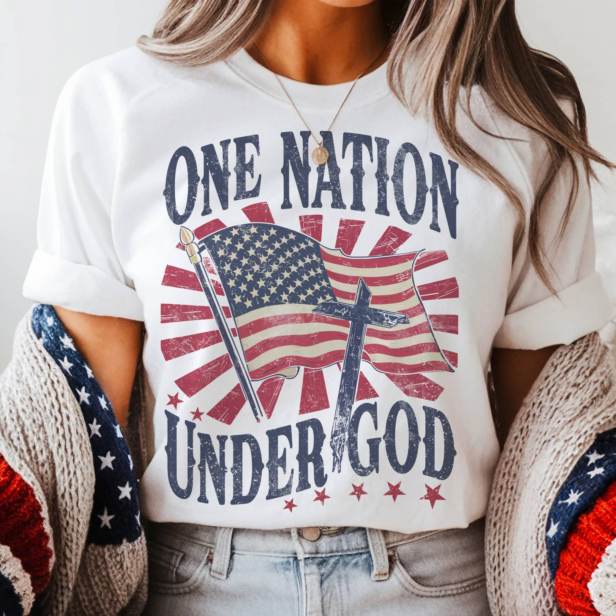 USA One Nation Under God Patriotic Flag Faith Graphic Tee Unisex , , , Long Sleeve Tee
