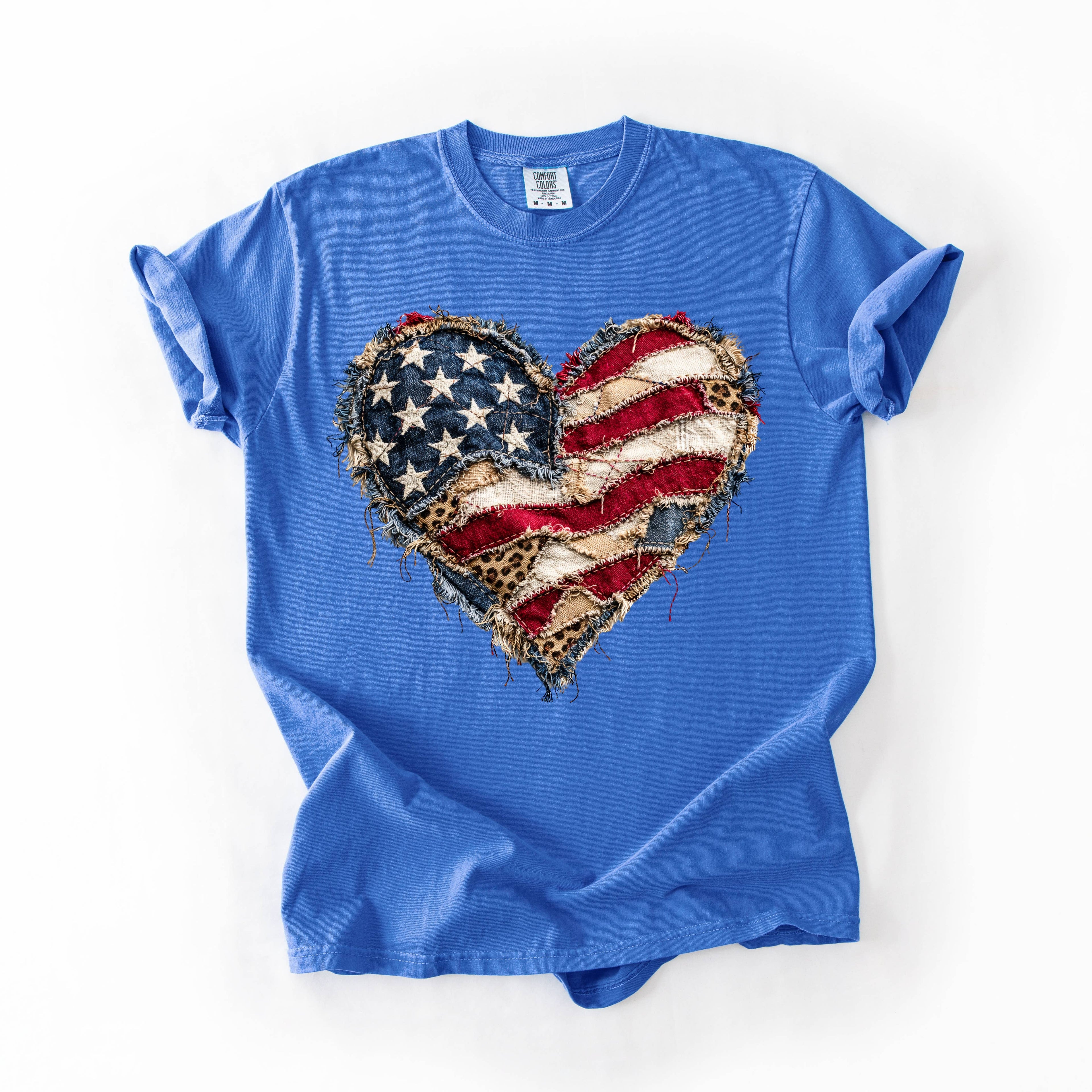 American Flag Heart Denim Patchwork Comfort Colors Tee Unisex , , , Long Sleeve Tee