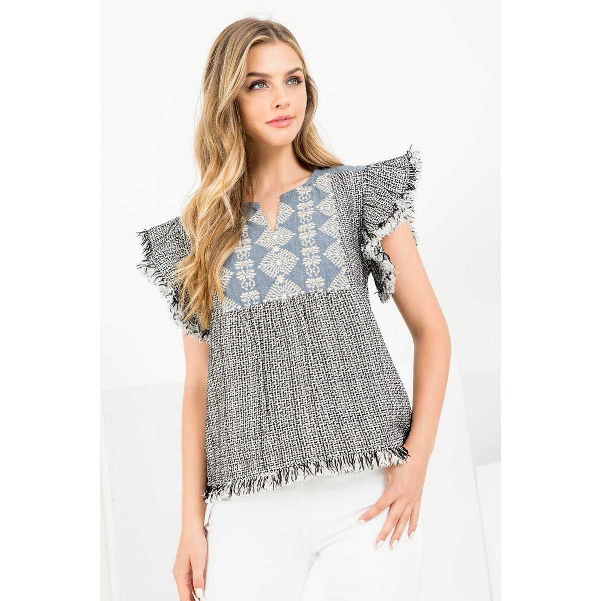 Flutter Sleeve Fringe Tweed Top Unisex , , , Long Sleeve Tee