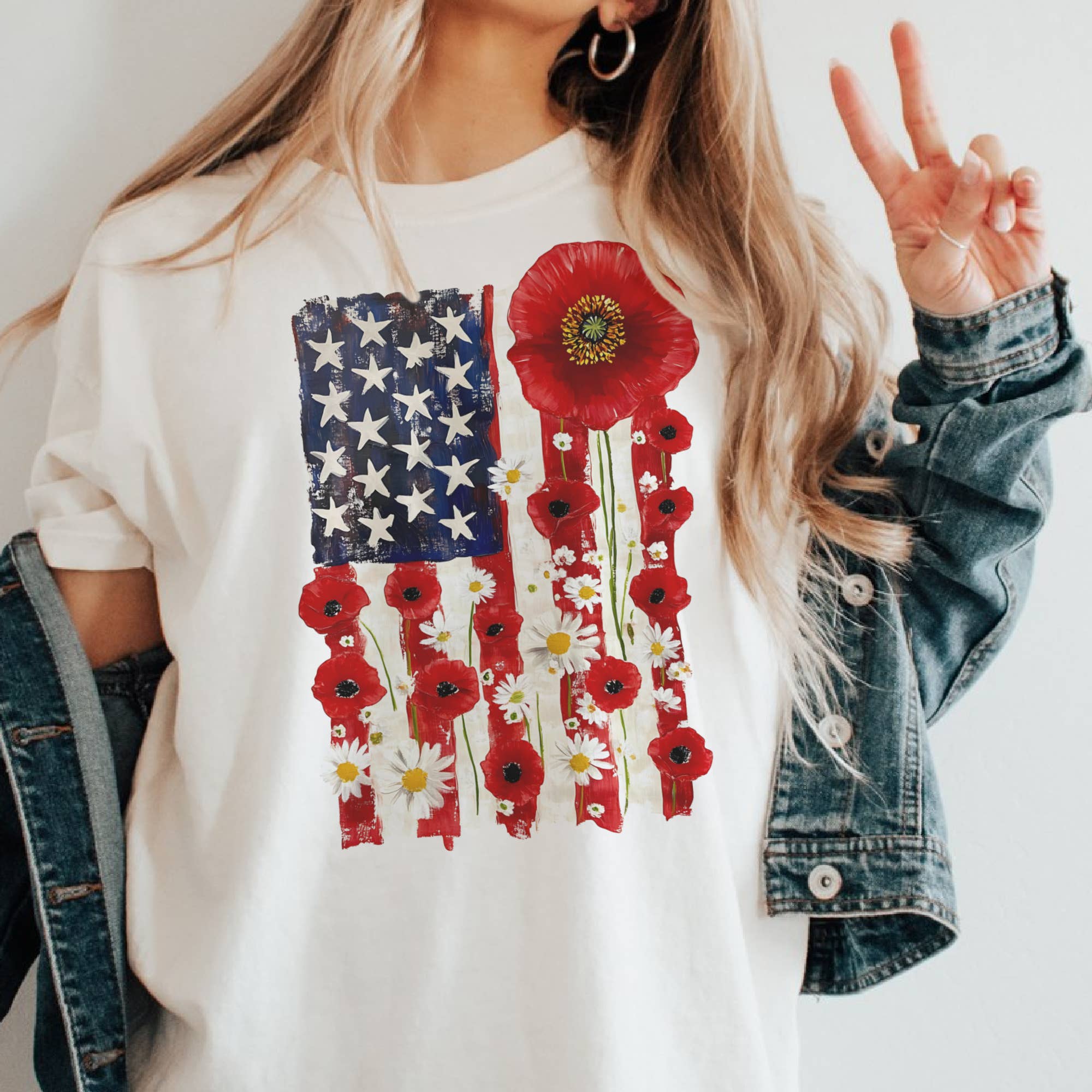 USA Flag Floral Poppy Country Patriotic America Graphic Tee Unisex , , , Long Sleeve Tee