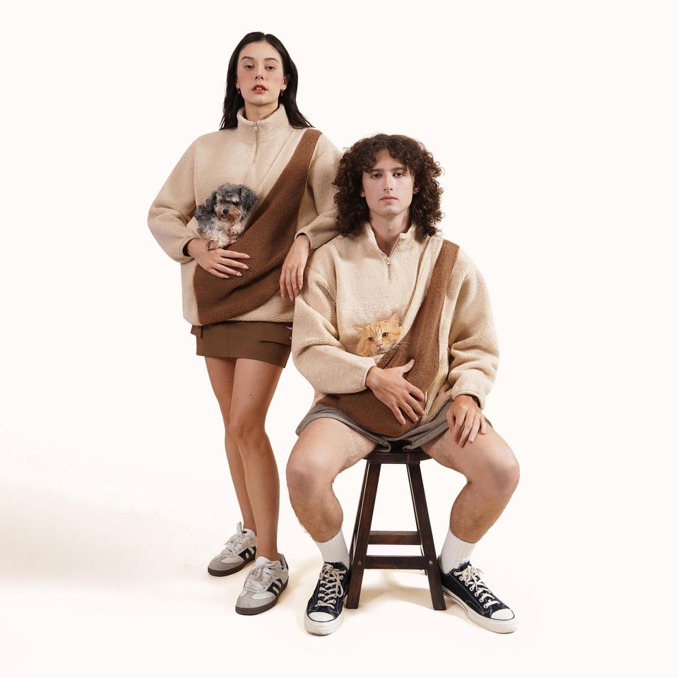 Beige, Unisex - Fleece Sweater, Hoodie with Kangaroo pouch pet, dogs, cats carriers