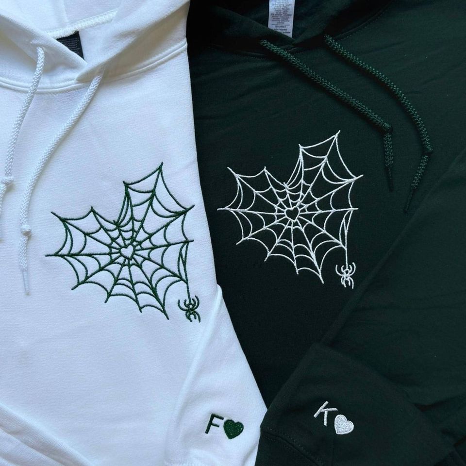 Matching Spider Web Heart Embroidery Hoodie, Embroidered Halloween Couple Hoodie, Gift for BoyFriend