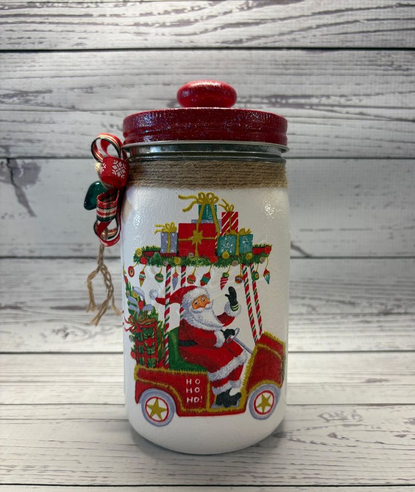 Christmas Santa in Golf Cart Mason Jar: Decoupage Candy or Cookie Jar